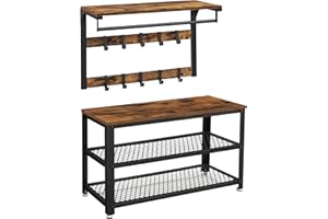 VASAGLE Wandgarderobe, Schuhbank, Wandregal mit Ablage und 10 Haken, Schuhregal mit 3 Ebenen, Aufbewahrung, Metallgestell, Flur, Eingangsbereich, Industrie-Design, vintagebraun-schwarz LCR173B01