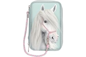 Depesche 13692 Miss Melody - Gefüllte 3-Fach Federtasche in Salbeigrün, mit Pferdekopf Applikation und weicher Mähne, Federmappe mit Buntstiften, Schere, Lineal UVM.