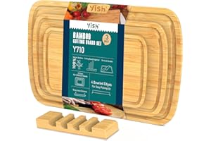 Tabla de Cortar Cocina Bambu: YISH Multifuncional Wooden Chopping Board Set Tabla Cortar de Bambú de Madera Antibacteriana Profesional con Soporte -juego de 3 piezas- 25x16cm & 33x20cm & 38x25cm