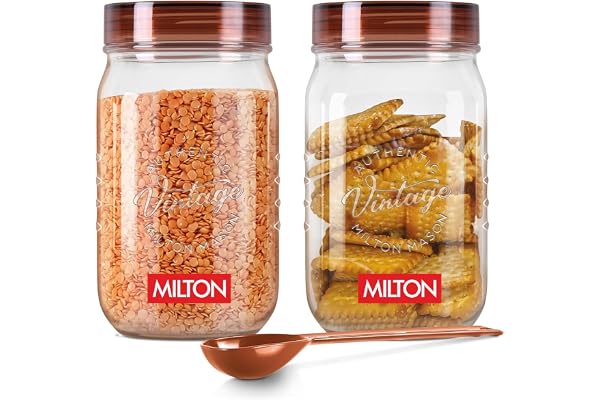 Milton Vintage Airtight Containers with Spoons for Kitchen Storage Food Grade Plastic, Stackable & Transparent Organizer Jars