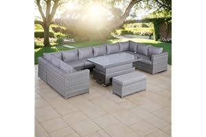 Club Rattan U-Shape rattan garden furniture set with rising table,12-seater large outdoor garden furniture set, patio rattan sofa set (Large grey)