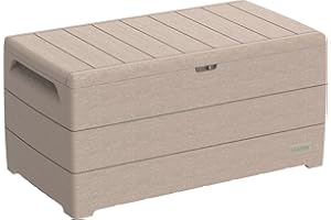 Duramax Durabox 416 Litre/ 110 Gallons Plastic Storage Box, Outdoor Plastic Deck Box, Garden Furniture Cushion Box, Woodgrain Texture, Safe & Secure, Plastic Cushion Box with Gas Cylinder, Warm Taupe