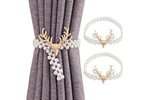 Hshenjhu 2 Stück Vorhang Raffhalter, 45 cm Perlenperle Schnallen Gardinen Raffhalter, Golden Elchkopf Elastisches Seil Gardinenhalter, für Home Office Fensterdekoration Outdoorvorhänge Dekorativ