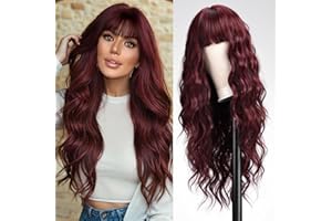 WOKESTAR Long Wavy Wine Red Wigs for Women, Heat Resistant Natural Hair with Fringe