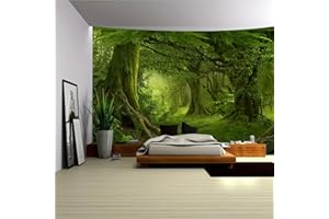 Arsey Tapisserie murale motif forêt, arbre, brume, herbe, paysage naturel, décoration bohème, pour chambre à coucher, vert, grand 230 x 180 cm