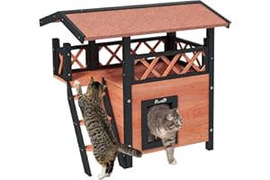 PawHut Cat House Outdoor Kitten Shelter Puppy Kennel with Balcony Stairs Asphalt Roof, 77 x 50 x 73 cm, Brown