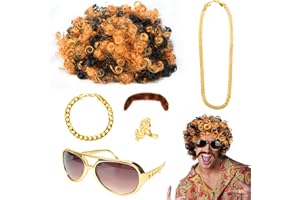 JORAKI Męska peruka hippie, karnawał, kostium 6 w 1, zestaw dyskotekowy z peruką afro, wąsy, okulary, złoty naszyjnik, bransoletka i pierścionek, na imprezę tematyczną w stylu lat 60., 70., 80., imprezę tematyczną, Halloween