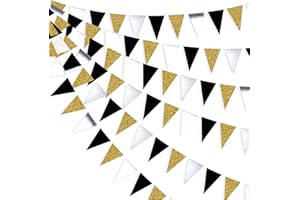 PINK BLUME 30 Feet Double Sided Glitter Paper Triangle Flag,Bunting Pennant Banner for Birthday Holiday Wedding Anniversary Graduation Theme Christmas Party Supplies Decorations.（Gold+Mirror-like silver+Black)