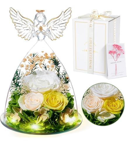 Ange En Verre Avec Rose Préservée - Boule à Neige Décorative - Cadeau Pour Maman, épouse, Fête Des Mères, Anniversaire