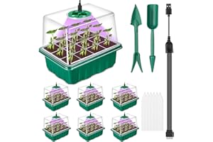 AURORAST Seed Tray 6PCS with light, 72 Cells Seed Starter Trays, Thicken Growing Seedling Starter with Adjustable Lights Vents, Heightened Clear Lids, 2Pcs USB Cable, 12Pcs Plant Labels and 2Pcs Seeding Tools