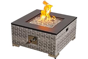 Aweather Outdoor Rattan Gas Fire Pit Table, 12KW Square Propane Gas Fire Pit Table with Lid & Glass Beads, CSA Certification for Garden, Patio, Deck, Poolside