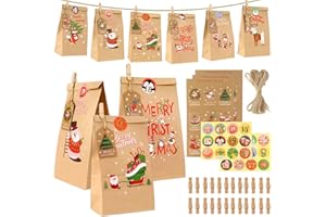 WONSAR Calendrier de l'Avent 2025 à remplir soi-même, 24 Calendrier de l'Avent Sacs, Pochettes pour Noël, Faire soi Calendrier Noel avec Autocollants et Pinces en Bois