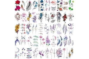 FLYFTREY 50 fogli Tatuaggi Temporanei, Colore Moda Sexy impermeabili Tatuaggio Finto, Fiori La Farfalla Lavanda Tulipano Garofano Set di Tatuaggi per Bambini Adulti Donne e Ragazza