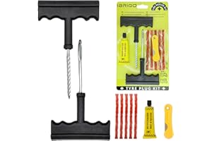 IBRIQO® Kit Reparación de Pinchazos para Neumáticos | 5 Mechas + 2 Herramientas en T + Vulcanizante y Cutter | Válido para Todo Tipo de Neumáticos de Coche, Motos, Camiones, Tractores
