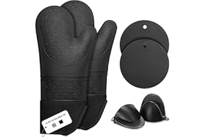 Guanti da Forno, Sopito 6pcs Presine da Cucina Resistenti al Calore Fino a 230℃ Extra-lunghi Guanti da Forno Professionale Silicone per Forno, Microonde e Cucina, Nero