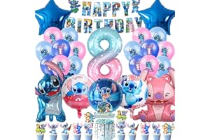 SWOKKTS Palloncini Compleanno Stitck 8 Anni, Kit Decorazioni Compleanno Lilol Stitck Bambina Bambini, Accessori per Feste Happy Birthday, Compleanno Decorazione Torta (8° Compleanno)