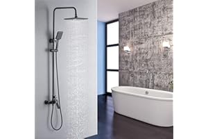 Auralum Columna Ducha con Grifo de Latón, Rociador Ducha 29×19 cm Cuadrado, Barra de Ducha Altura Regulable 90-124cm, Columna de Ducha con Alcachofa Cuadrado para Baño, Negro