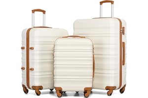 COOLIFE Hartschalen-Koffer Trolley Rollkoffer Reisekoffer mit TSA-Schloss und 4 Rollen (Weiß/Braun, Koffer-Set)