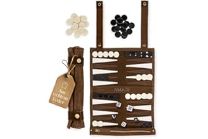 Amari ® Reise Backgammon aus 100% Leder - Rollbares Backgammon für Reisen und Unterwegs – Back Gammon Hochwertig Koffer Spiel Reisespiel Reisebackgammon Leder