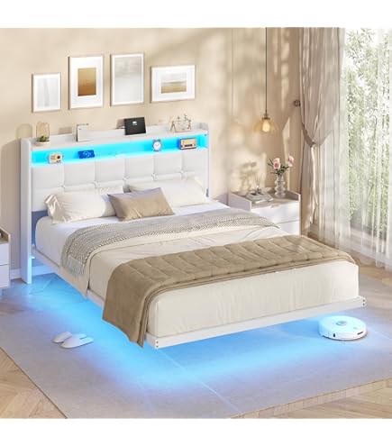Lit 2 Personnes AOGLLATI 140x190 Avec LED Et Étagères - Cadre Métal Flottant - Multiprise USB - Noir