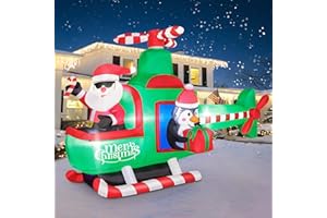 AIMOSEN 195CM Decoración Inflable LED, Papá Noel Inflable en Helicóptero + Pingüino Decoración Navideña Inflable, 6.5FT Decoración Fiestas de Césped y Jardín Navideño al Aire Libre
