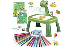 KONIJIWA Dinosaur Drawing Projector Table with 72 Patterns Drawing Board Kids Art Tables with Pens,Pencils,Crayons,Scrapbook,Sticker Book,Unicorn Stickers,Stamps （12.6 * 9.5 * 14.5 inches）