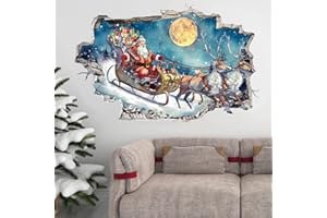 KAIRNE 3D Christmas Wall Decals Santa Claus Reindeer Eve Merry Christmas Decals Funny Xmas Sledge Removable Big Moon Winter Wall Clings for Living Room Bedroom Classroom