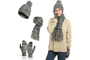 Meajore MüTze Schal Handschuhe Damen Set 3 in 1 Winter Warm Beanie Touchscreen Handschuh Und Lang Schal StrickmüTze Set