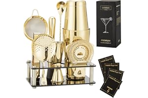 Gienxias Boston Shaker Set – 10-teiliges Cocktail-Shaker-Set aus Edelstahl, inkl. Barsieb, Eiszange, Barlöffel, Messbecher & Acrylständer, Heim- & Profi-Barkeeper (Gold)