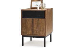 Mondeer Stolik nocny, stolik pomocniczy z drzwiami i metalowymi nogami, wyjmowane ścianki działowe, do sypialni, salonu, korytarza, biura, 37 x 40 x 53 cm, vintage, brązowo-czarny