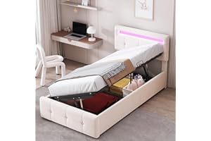 Aoskem Polsterbett Bett 90x200 Einzelbett mit Stauraum Underbett, LED-Kopfteil Höhenverstellbar, Stauraumbett Bettgestell mit Lattenrost, Rückenlehne Jugendbett Flachbett, Ohne Matratze, Samt (Beige)