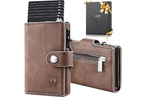 TENBST Cartera Tarjetero con Bloqueo RFID, Automática Pop Up Cartera de Cuero, 8 Ranuras para Tarjetas, Tarjetero Hombre para Crédito, Billetes y Monedas con Caja de Regalo (Marrón)