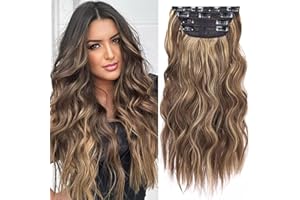 ALILEADER 20 Inches Brown Hair Extensions Clip in, Long Wavy Synthetic Clip in Hair Extension, Natural Thick Hairpieces for Women (Medium Brown with Honey Blonde Highlights, 4Pcs)