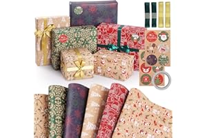 Hianjoo Papel de Regalo, 6 Hoja Papel Reciclable 70x50cm Envolver Regalos Papeles Craft con 2 Hoja Pegatinas de Regalo 1 Cinta de Doble Cara y 4 Cintas Decoración Fiesta Bricolaje, Navidad Clásica