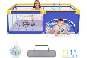 UISEBRT Lekhage för babylekhage 180 x 200 cm lekhage för baby med 50 havsbollar och 4 dragringar, bärväska, vikbart lekgaller med ventilerande nät för barn, blå med djurmotiv