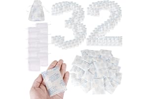 DBTW 32Pcs Multipurpose Silica Gel Desiccant Packets, 10 Gram Moisture Absorber Sachets, Food Grade Silicone Dehumidifier Sachets with 10Pcs Drawstring Bag, Desiccant Bags for Food Clothes Storage