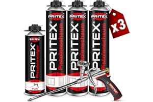 PRITEX – Bauschaum Set 3 x 750 ml Pistolenschaum inkl. Pistolenreiniger 500 ml und Schaumpistole – Montageschaum zum Verfüllen, Dämmen & Abdichten – PU-Schaum mit hervorragender Schall- & Wärmedämmung