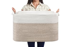 MOLMO Large Woven Storage Basket, 65L Laundry Hamper for Washing, Cotton Rope Bin for Dirty Clothes, Toy Organizer for Kids, Blanket Basket for Living Room(White&Brown)