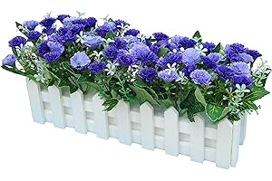 Flikool Claveles Flores Artificiales con Valla Faux Carnations Plantas Artificiales con Cerca Macetas Simulacion Falso Potted Bonsai Flor Artificial 30 * 7.5 * 15 cm - Azul