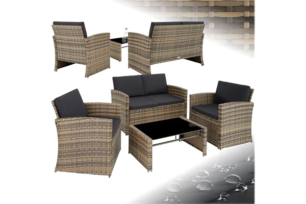 tectake® Salon de Jardin Exterieur en Résine ressée 4 Places Table de Jardin, 1 Canapé, 2 Fauteuils, Coussins Inclus, Mobilier de Jardin - Marron Naturel/Gris foncé