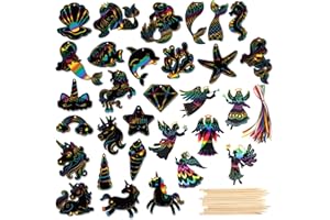 HOWAF Kratzbilder für Kinder, 36 Blätter Meereslebewesen Tier Dinosaurier Kratzpapier Scratch Art Bastelset für Kindergeburtstag Gastgeschenke, Mitgebsel Kindergeburtstag, mit Holzstiften Bändern