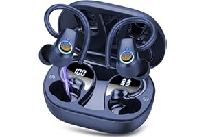 POOUNUR Wireless Earbuds, Bluetooth 5.3 Headphones with 4 ENC Noise Canceling Mic, 50H Stereo Dual LED Display Ear Buds, Sport Wireless Earphones with Earhooks, IP7 Waterproof Wireless Headphones Gym, Blue