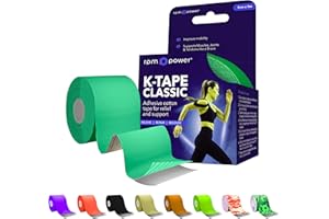 RPM Power Taśma kinezjologiczna (5 metrów) – taśma sportowa, bez lateksu, wodoodporna taśma do mięśni i stawów, idealna do uprawiania sportu, bólów mięśni i rehabilitacji (pojedyncze pudełko, zielona)