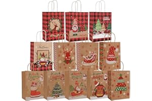 Geschenktüten Weihnachten, 12 Stück Weihnachtstüten Papiertüten mit Griff, Weihnachts Kraft Geschenktaschen, Zur Aufbewahrung von Geschenken, Gebäck, Partyzubehör (21 x 15 x 8 cm)