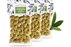 ORIGINAL GREEK Lamda Estate – Griechische grüne Oliven mit Stein aus Chalkidiki | Frisch eingelegt in Salzlake | Vakuumverpackt 3x 250g | Premium Qualität | limitierte Edition