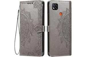 HONLEN Funda para Redmi 9C / Redmi 9C NFC/Redmi 10A Carcasa, (6.53" Inches) Premium PU Cuero Cartera Magnético Flip Case 3 Ranura Tarjeta, Soporte Case, Diseño de Mandala Gris