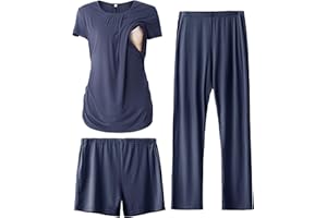 SUNNYBUY Damen Umstandsmode Stillpyjama-Set, Kurzarm-Stillshirts, Schwangerschafts-Shorts und Hosen, 3-teiliges Stillpyjama-Set