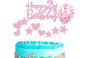 Zayin Personalised Happy 2th Birthday Cake Topper Set,Happy Birthday Sign for Cake,11p Glitter Balloon Stars Heart Cupcake Topper 2th Birthday Cake Party Decoration (2 year old, Pink)