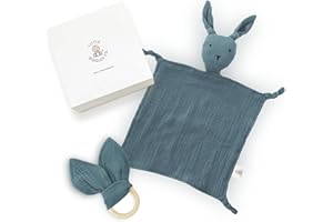 Little Giggles Co. Baby Comforters - Bunny Muslin Comforter & Sensory Ring Toy, 2 Piece Nursery Set, Teal Blue Soft Cotton Fabric, Baby Boy Gift Set, Baby Essentials