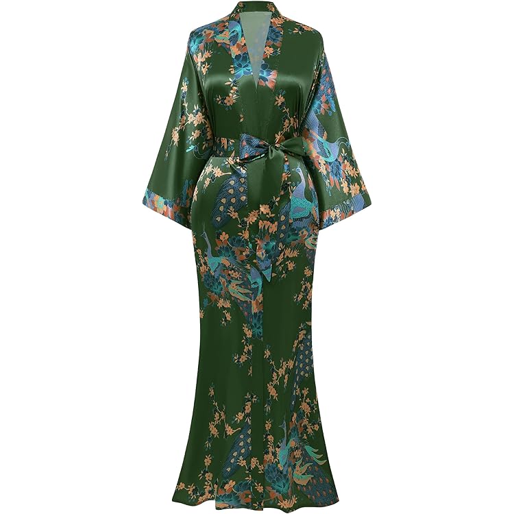 BABEYOND Dames ochtendjas maxi lange satijnen kimono badjas dames zijde loungewear slaapjas met bloemenpatroon, perzikbloesem